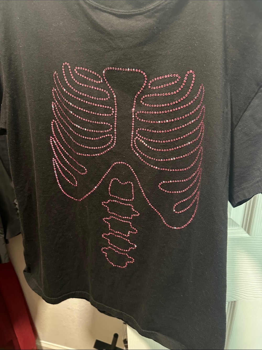 Victoria's Secret Black Short Sleeve Tee with Pink Rhinestone Ribcage